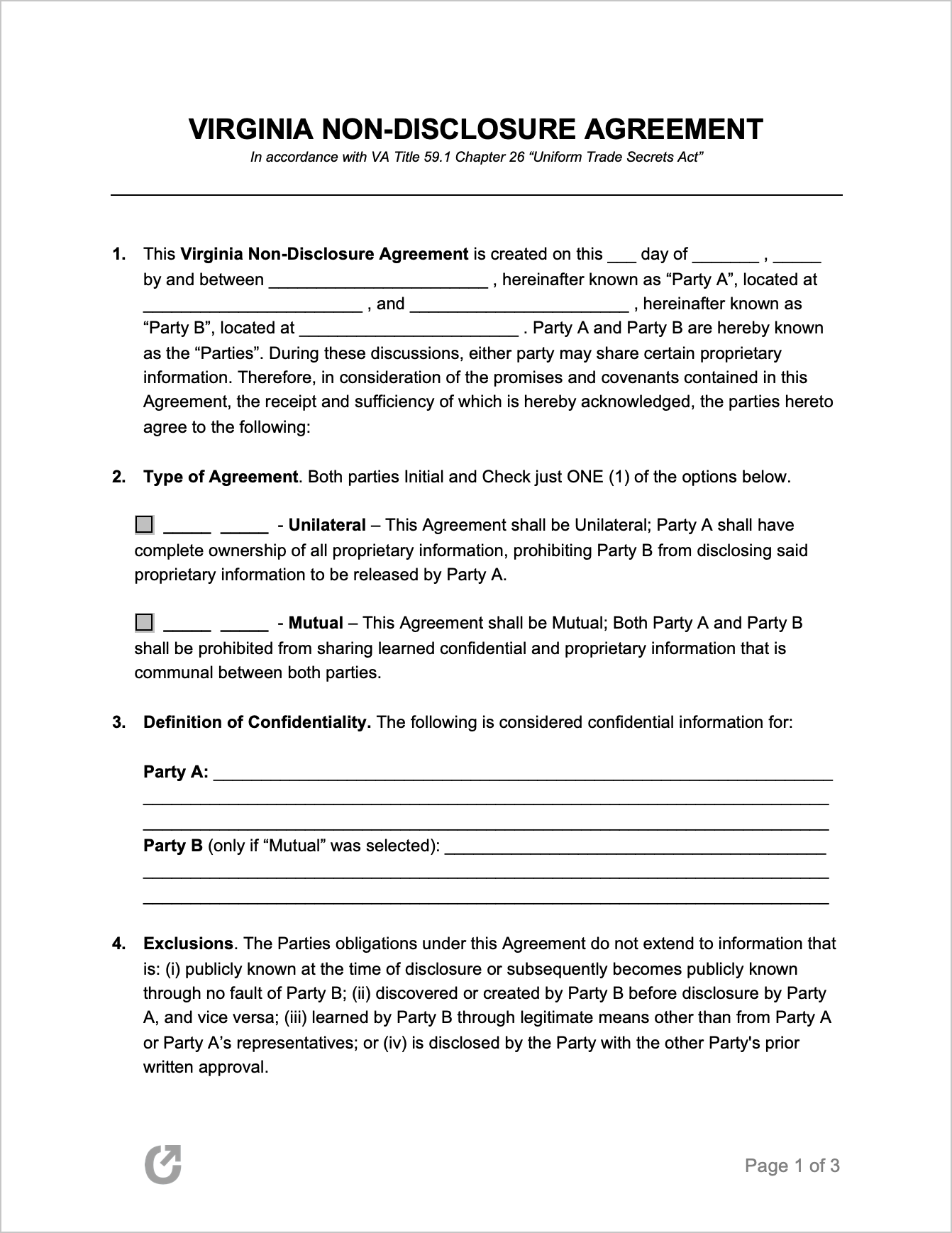 Free Virginia Non-Disclosure Agreement Template  PDF  WORD With Regard To free mutual non disclosure agreement template