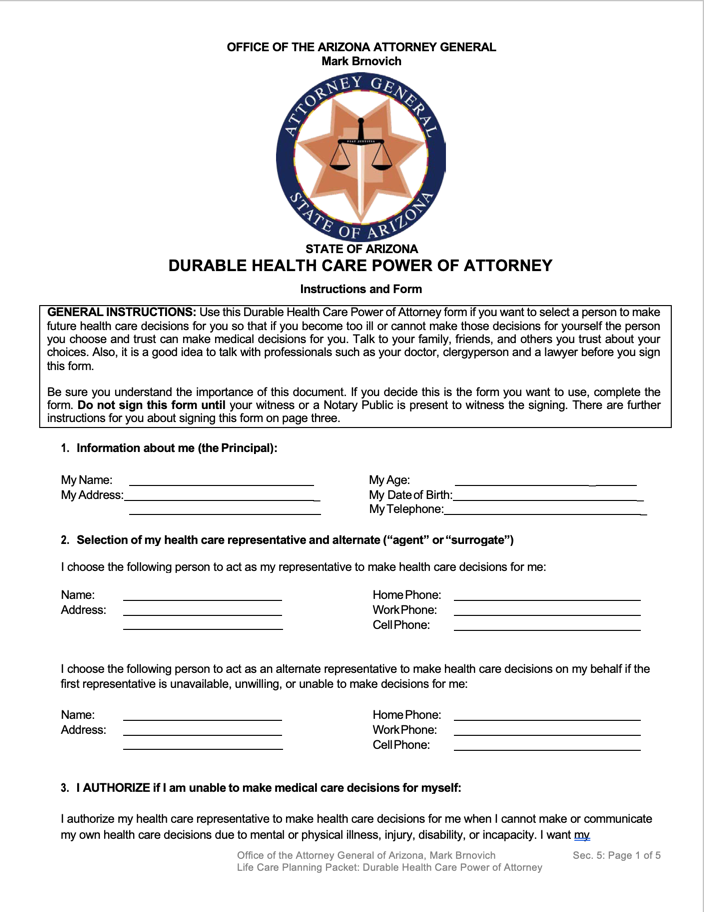 Free Arizona Health Care Power of Attorney Form PDF WORD