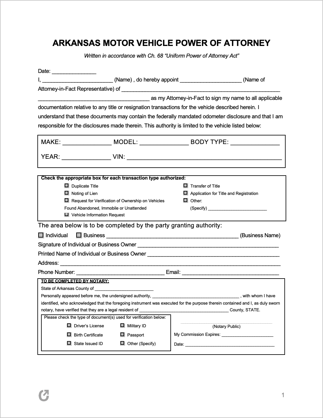 Free Arkansas Motor Vehicle Power of Attorney Form PDF WORD