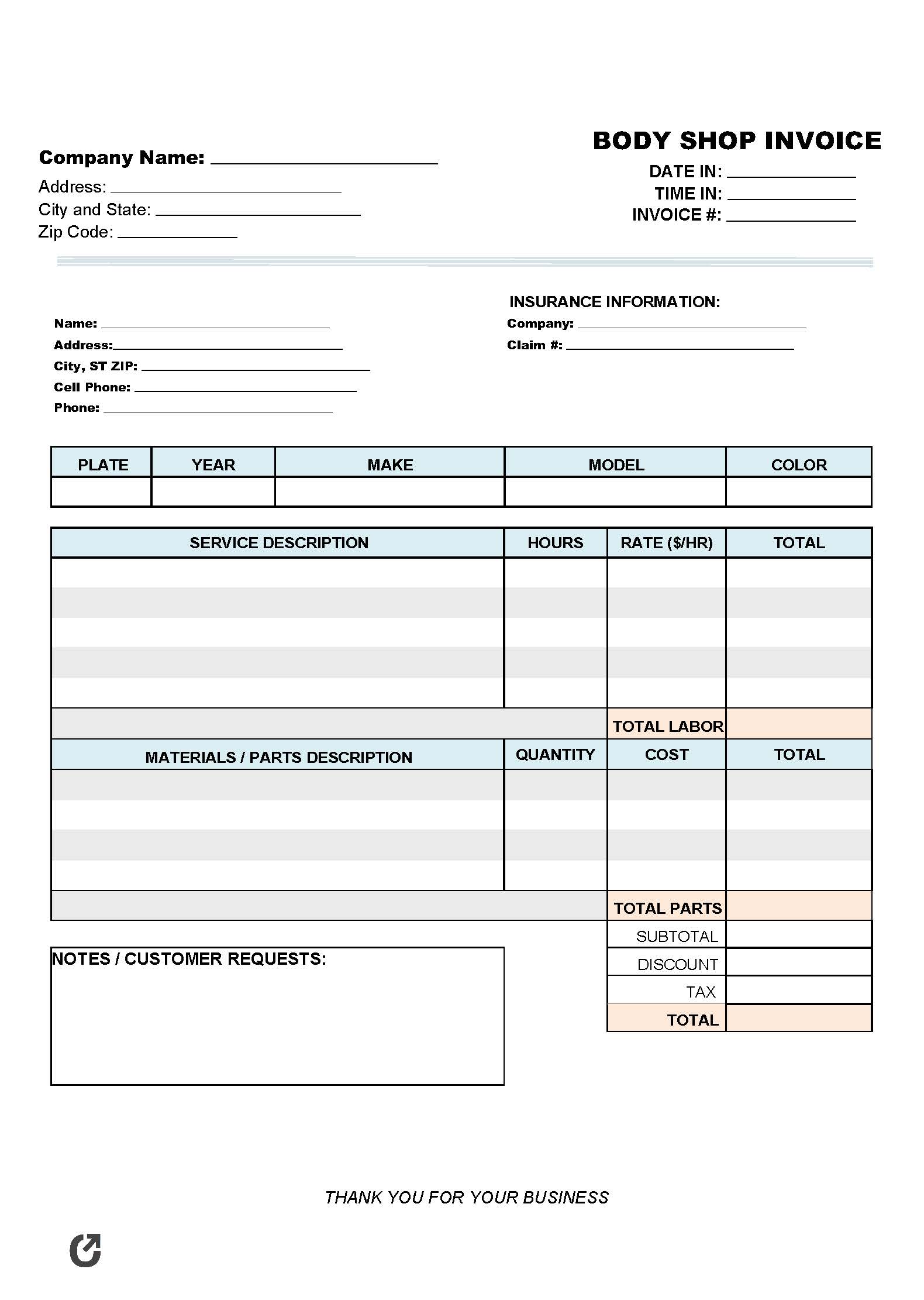 Free Body Shop Invoice Template  PDF  WORD  EXCEL Regarding Free Auto Repair Invoice Template Excel