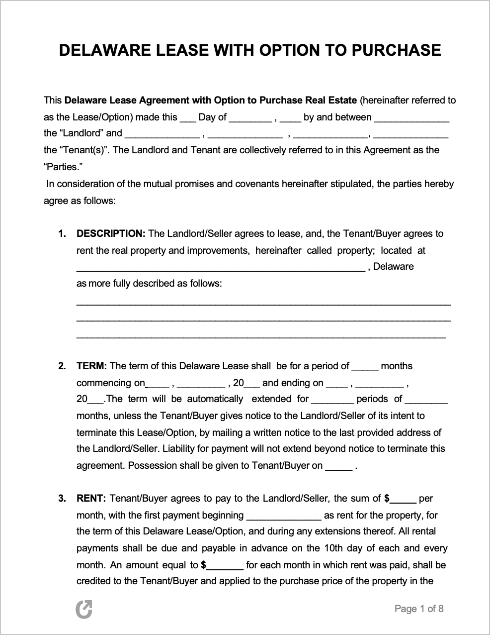 Free Delaware Lease To Own Agreement PDF WORD