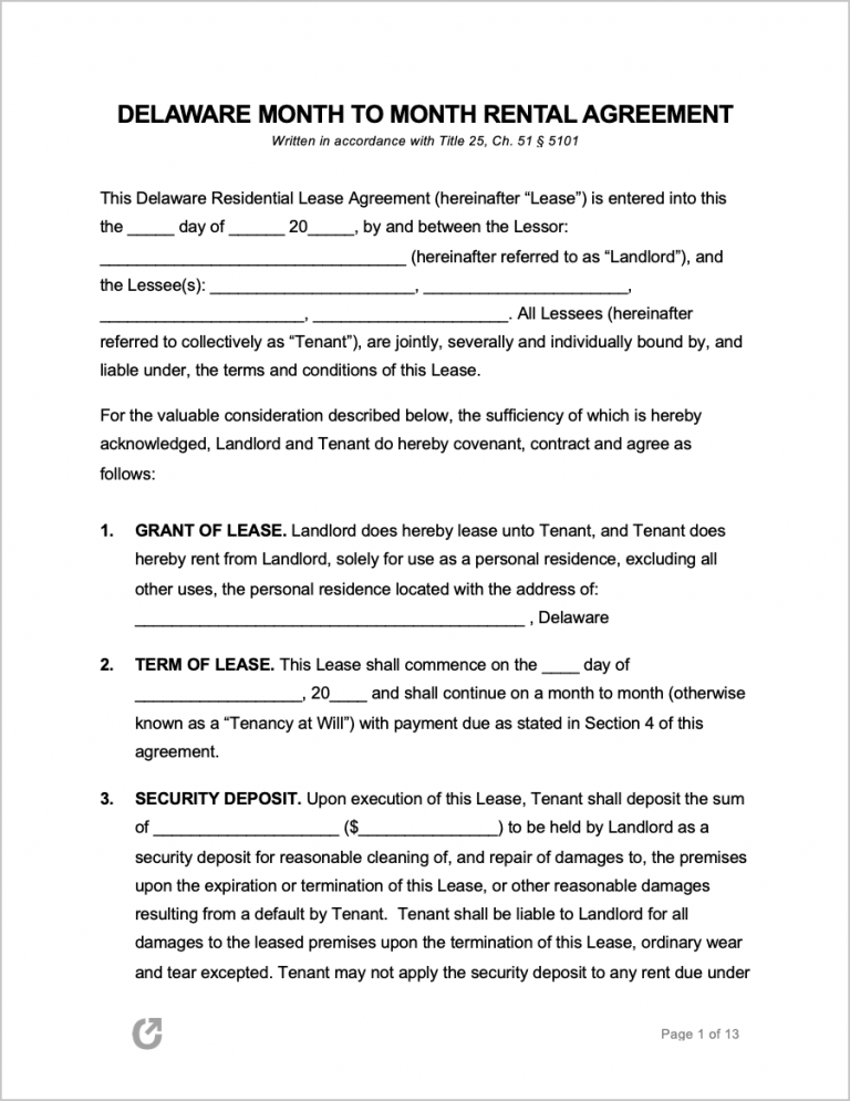 Free Delaware Rental Lease Agreement Templates PDF WORD