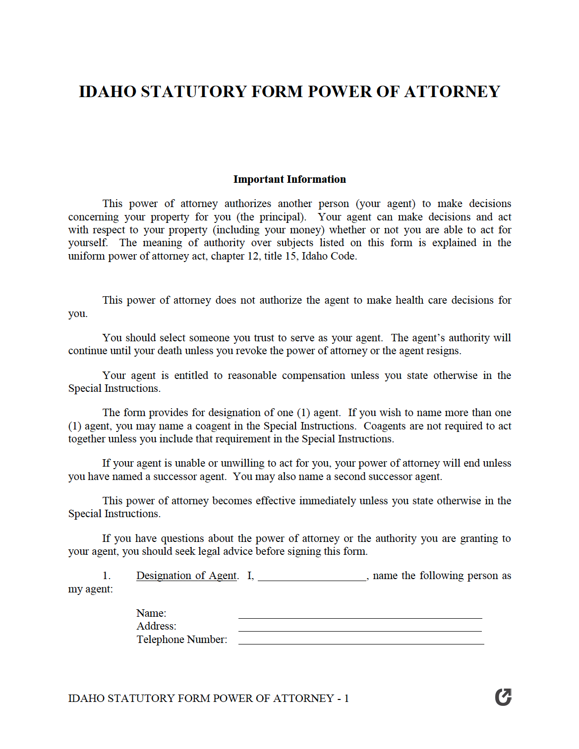 Free Idaho Durable Power of Attorney Form PDF WORD