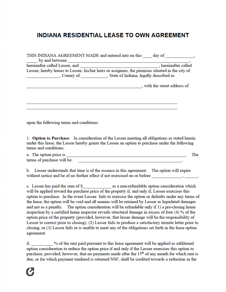Free Indiana Rental Lease Agreement Templates PDF WORD