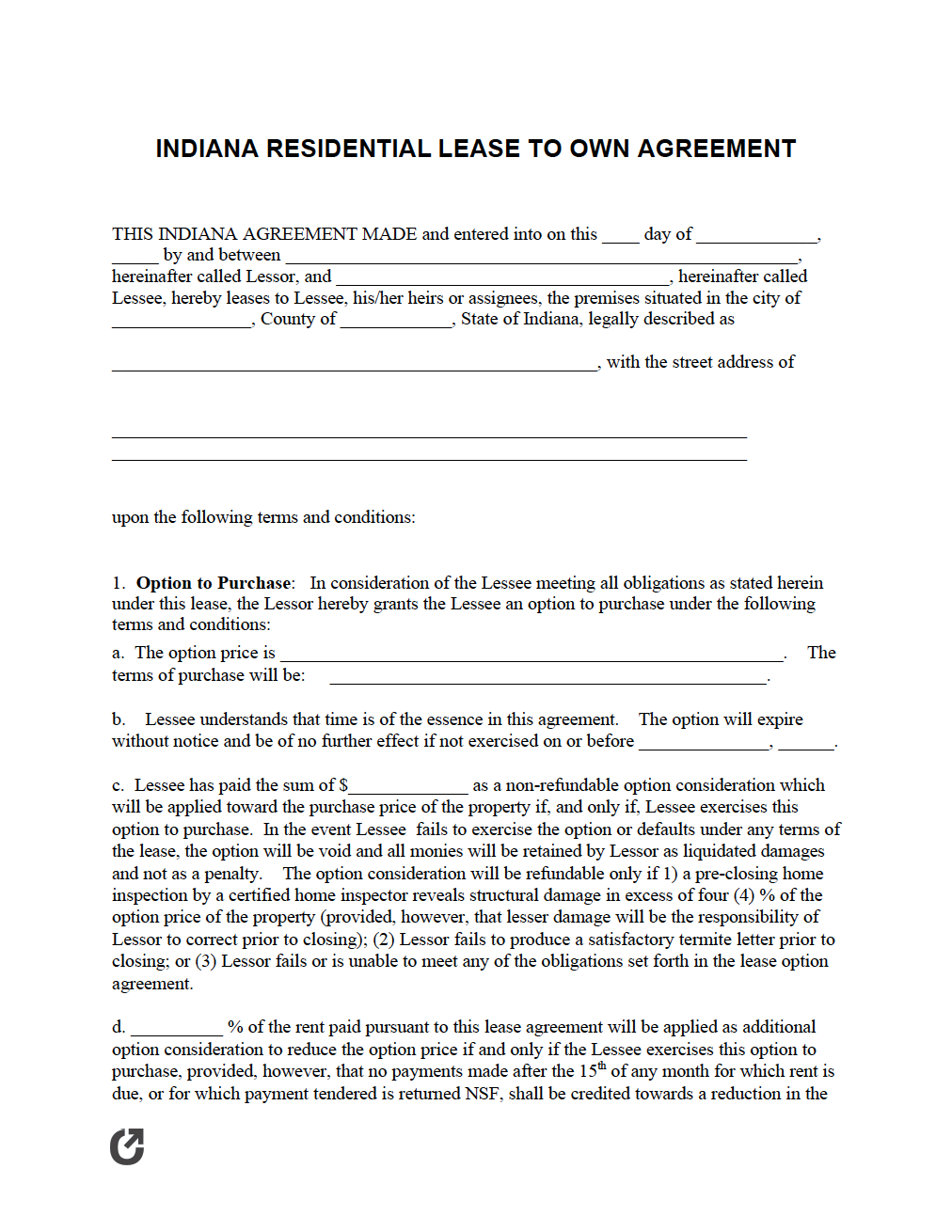 Free Indiana Lease to Own Agreement  PDF  WORD Within free rent to own agreement template