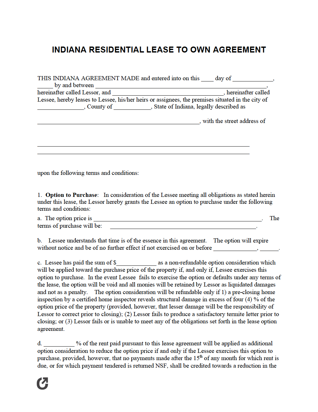 Free Indiana Lease to Own Agreement PDF WORD