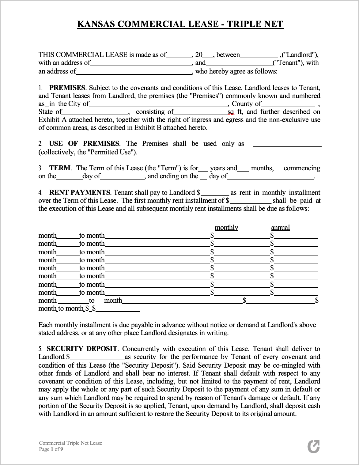 Free Kansas Commercial Lease Agreement (NNN) PDF WORD