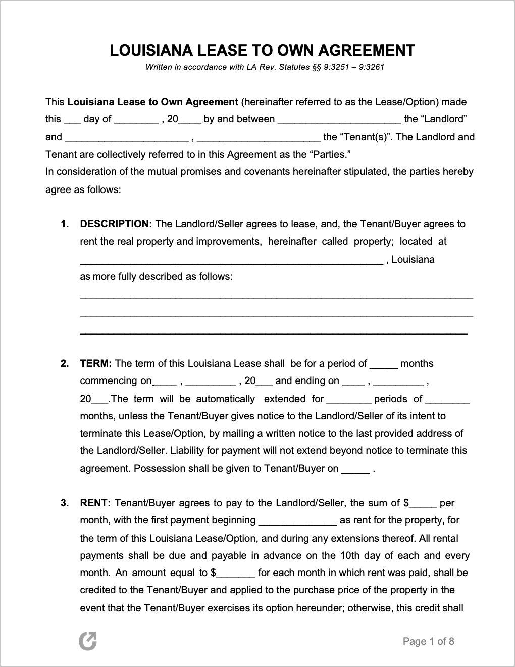 Free Louisiana Lease to Own Agreement  PDF  WORD Within free rent to own agreement template