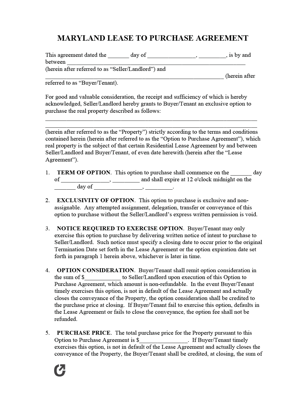 Free Maryland Lease to Own Agreement PDF WORD