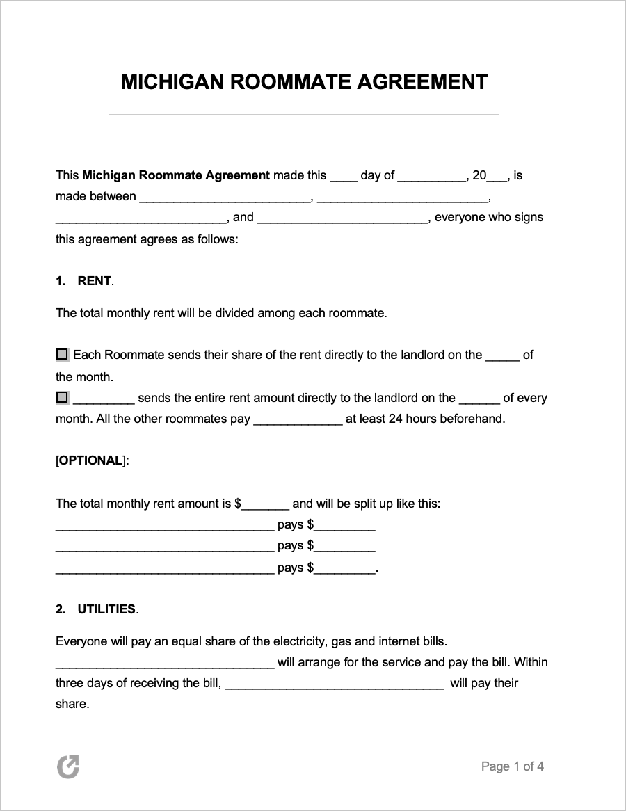 Free Michigan Roommate Agreement  PDF  WORD With Regard To free roommate rental agreement template