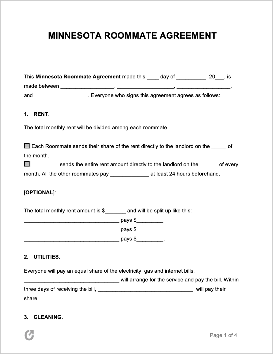 Free Minnesota Roommate Agreement  PDF  WORD Throughout free roommate rental agreement template