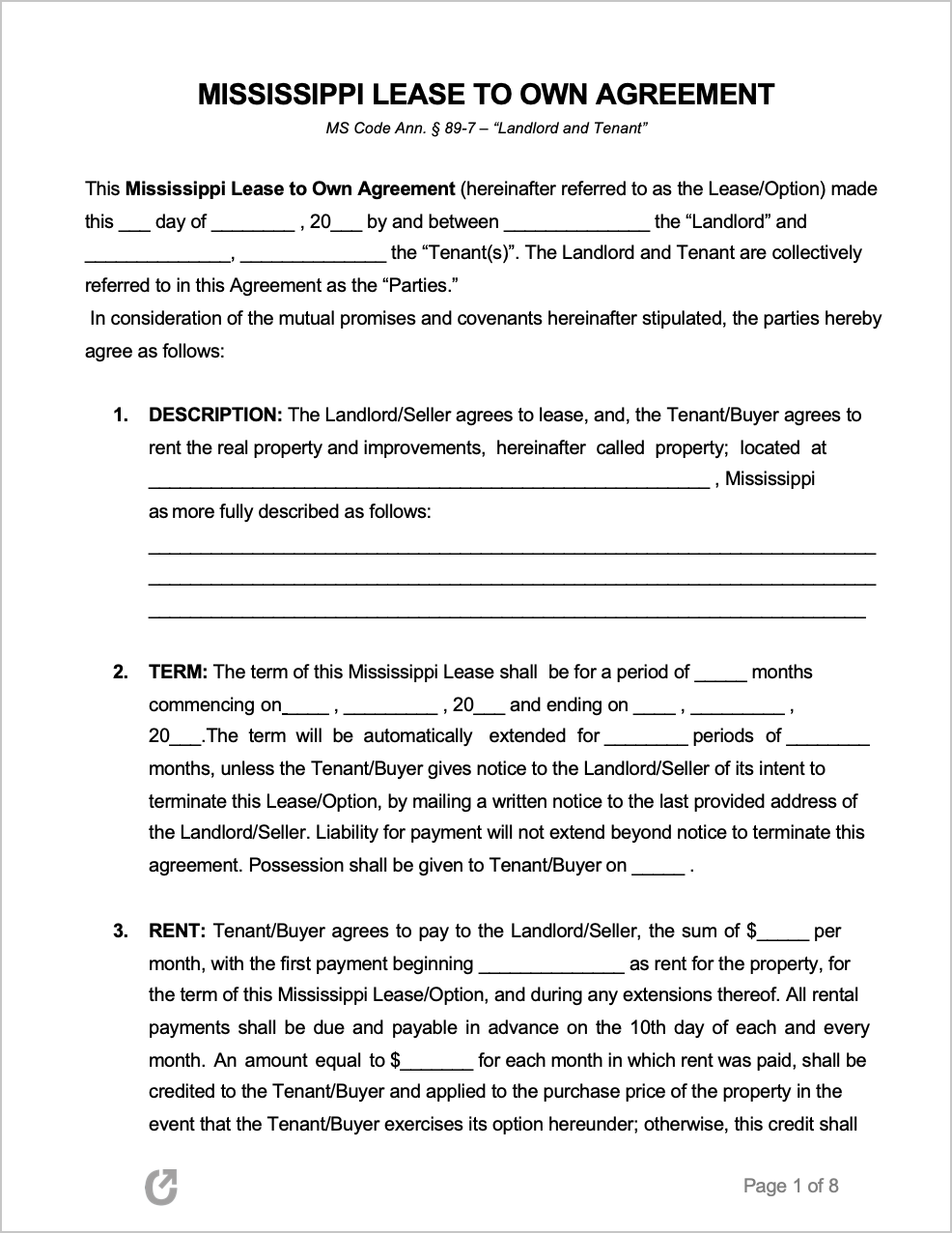 Free Mississippi Lease to Own Agreement PDF WORD