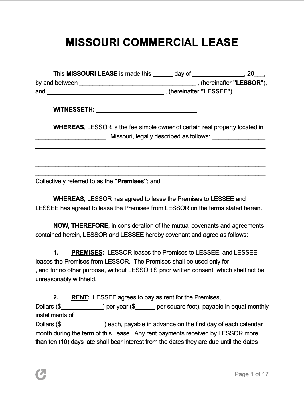 Free Missouri Commercial Lease Agreement  PDF  WORD Inside commercial lease agreement template word