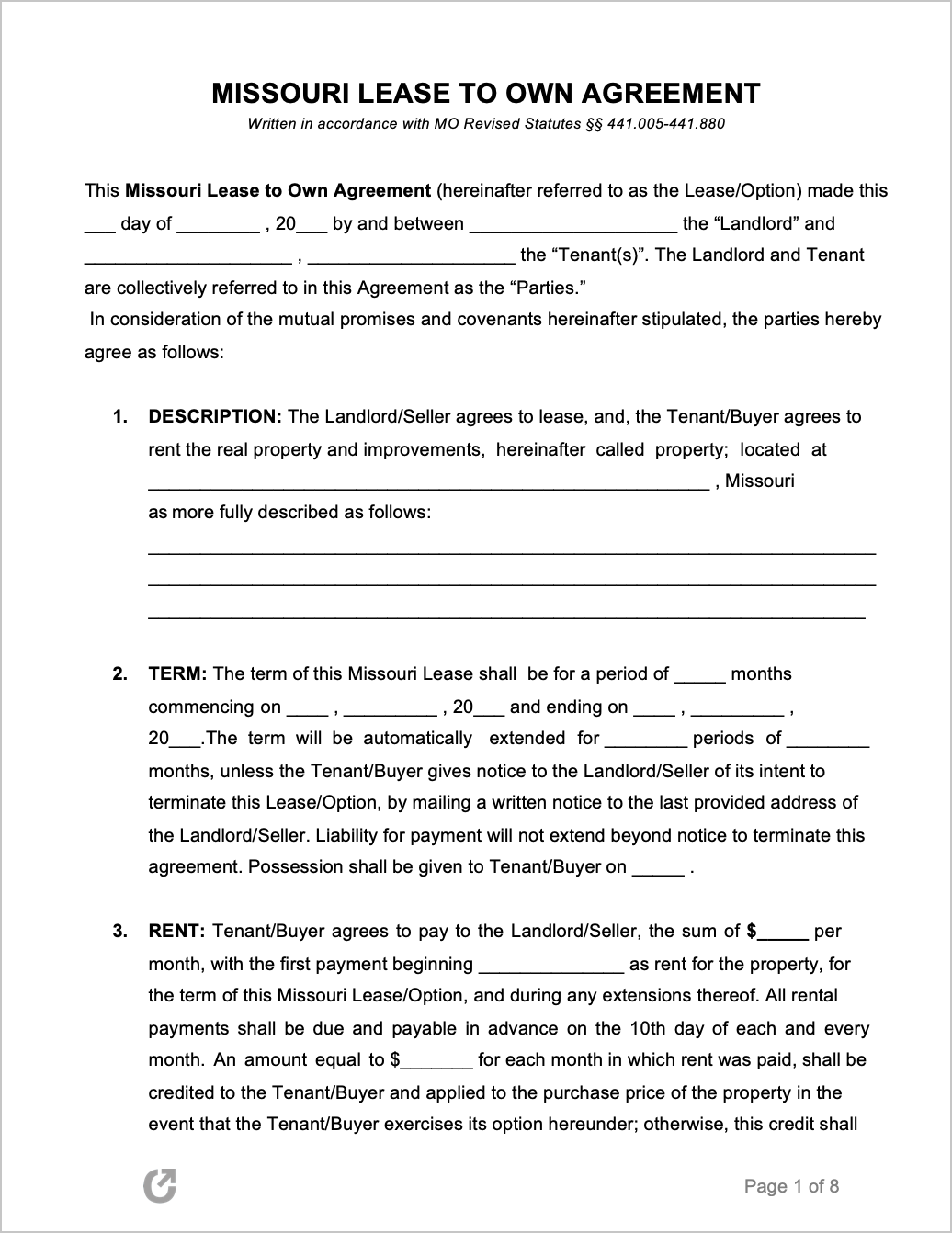 Free Missouri Lease to Own Agreement  PDF  WORD Inside free rent to own agreement template