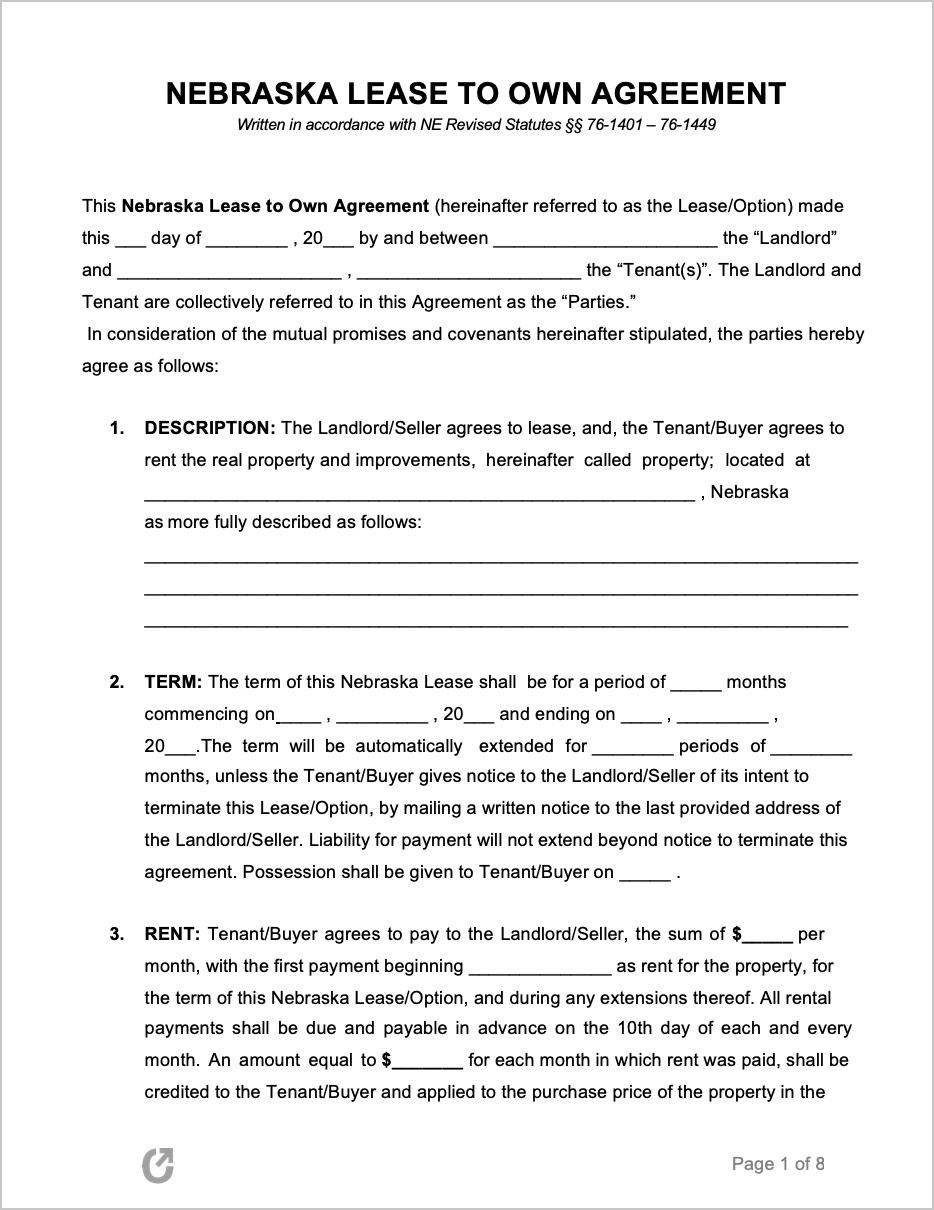 Free Nebraska Lease to Own Agreement PDF WORD