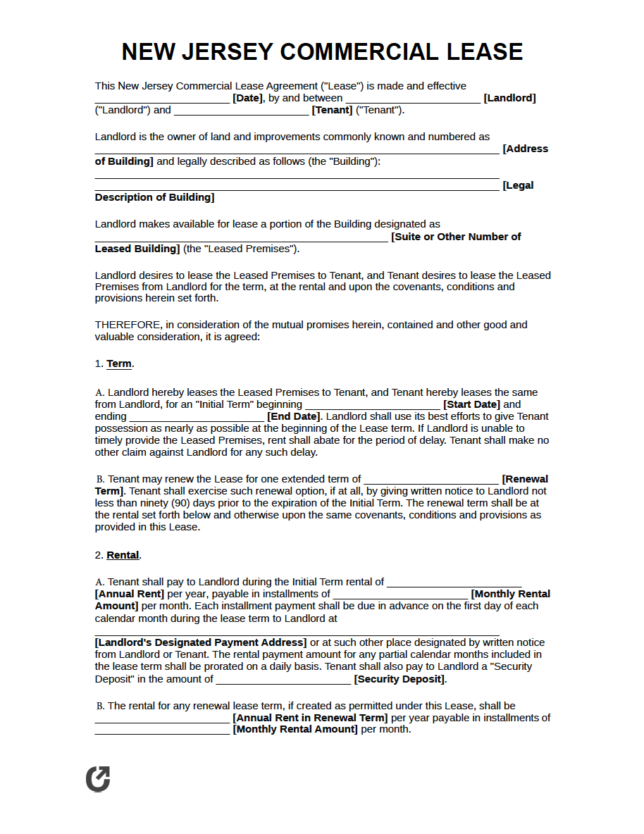 Free New Jersey Commercial Lease Agreement  PDF  WORD Inside new jersey residential lease agreement template