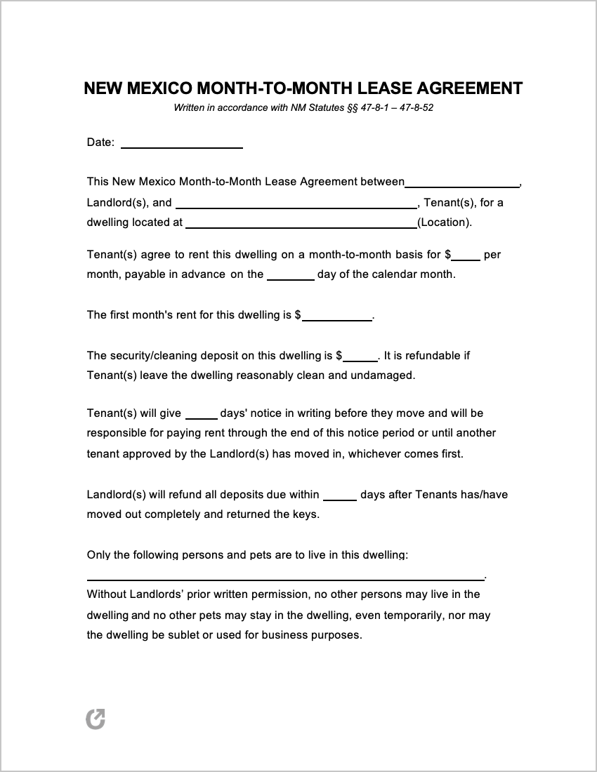 Free New Mexico Month to Month Lease Agreement PDF WORD