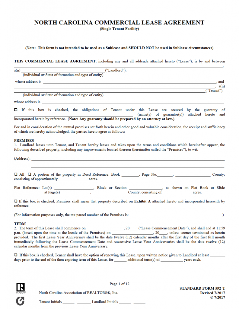 Free North Carolina Rental Lease Agreement Templates PDF WORD