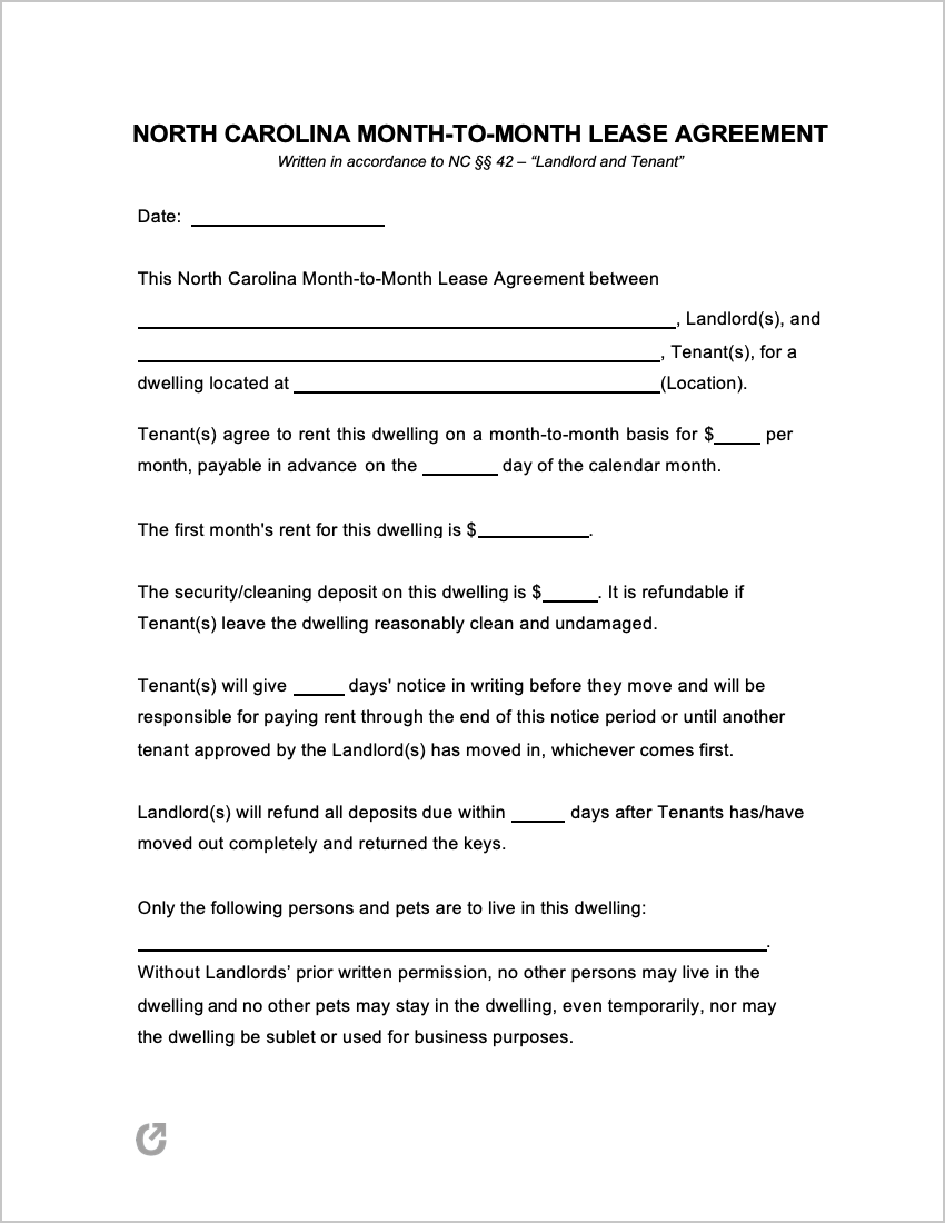 Free North Carolina MonthtoMonth Lease Agreement PDF WORD