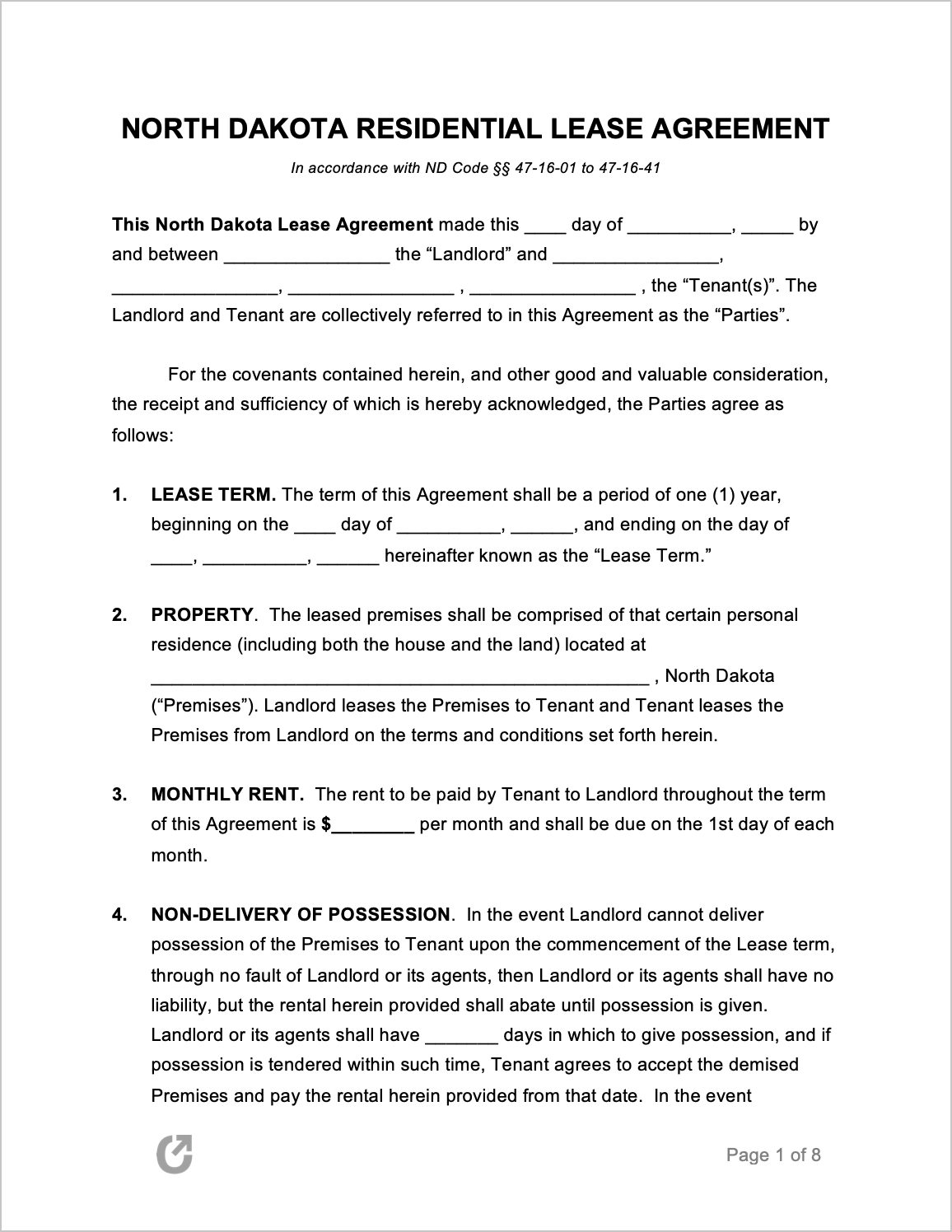 Free North Dakota Standard Residential Lease Agreement PDF WORD