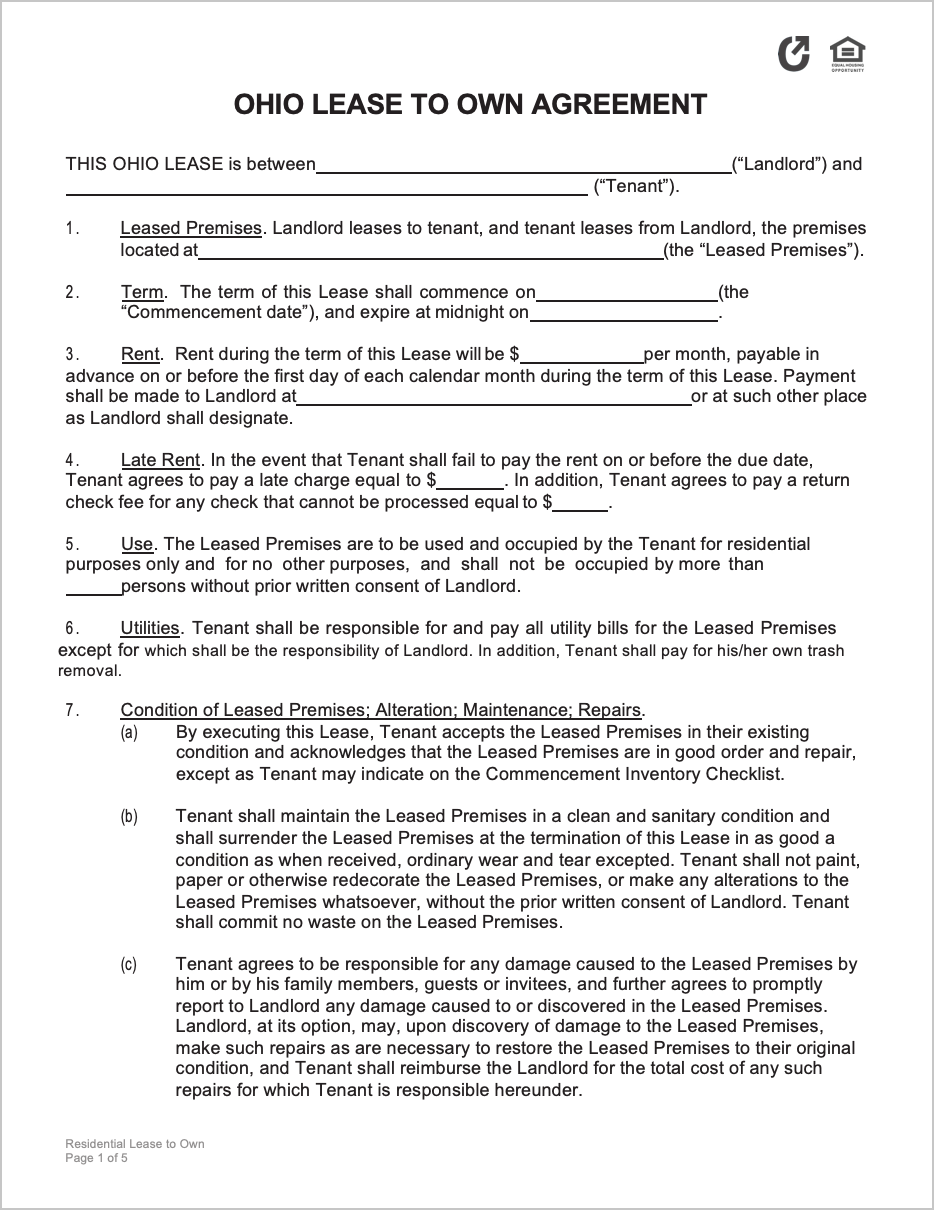 Free Ohio Lease to Own Agreement  PDF  WORD With Regard To free rent to own agreement template