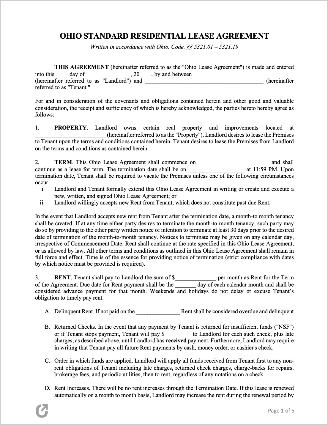 Free Ohio Standard Residential Lease Agreement  PDF  WORD  RTF Inside free printable residential lease agreement template