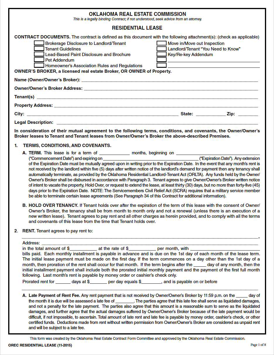 Free Oklahoma Rental Lease Agreement Templates PDF WORD