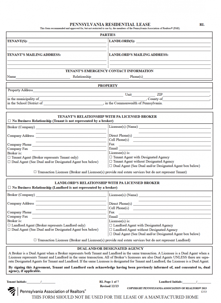 Free Pennsylvania Standard Residential Lease Agreement PDF WORD