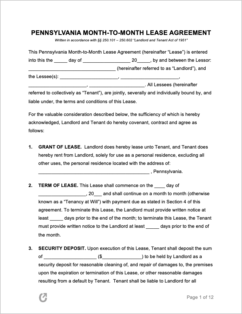 Free Pennsylvania Month to Month Lease Agreement PDF WORD