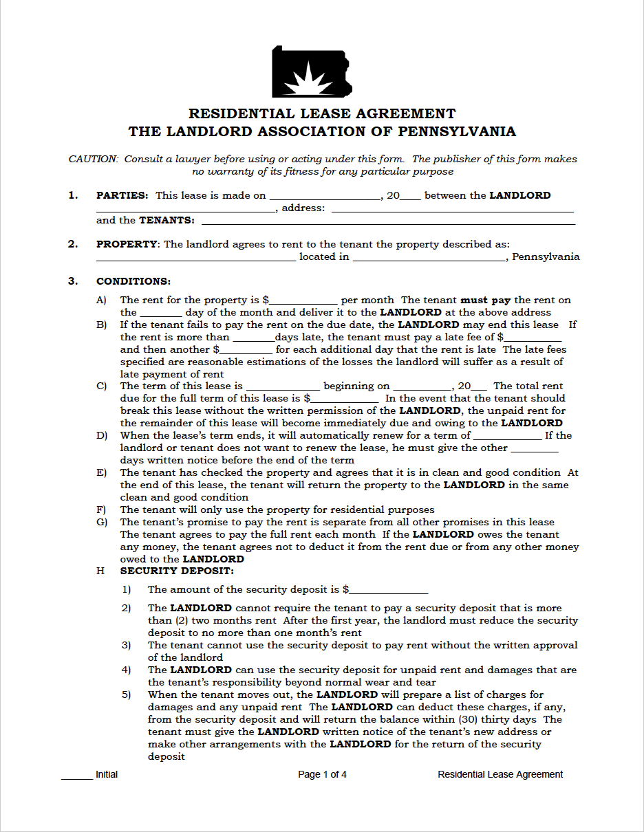Free Pennsylvania Rental Lease Agreement Templates  PDF  WORD Inside free residential lease agreement template
