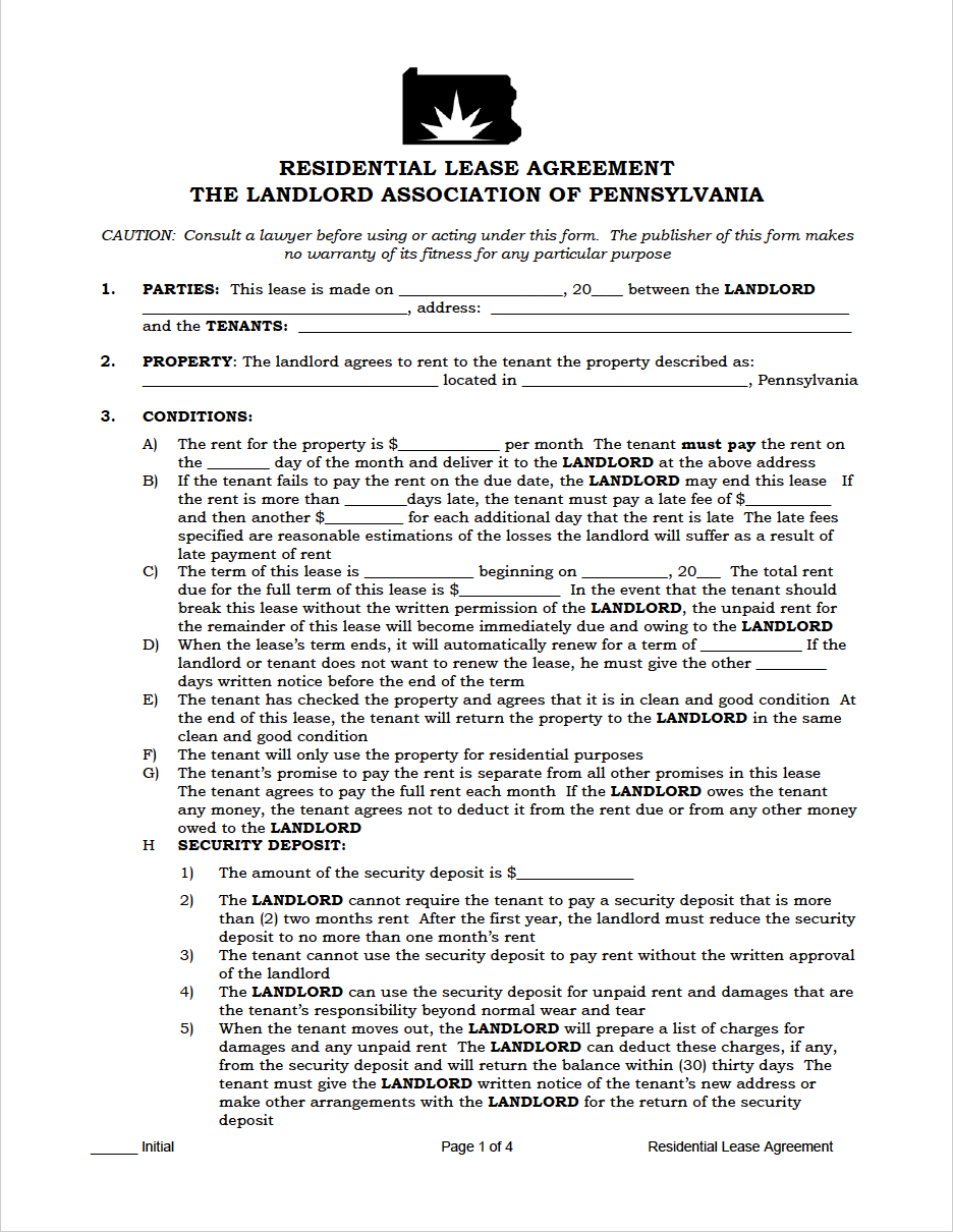 free pennsylvania standard residential lease agreement pdf word