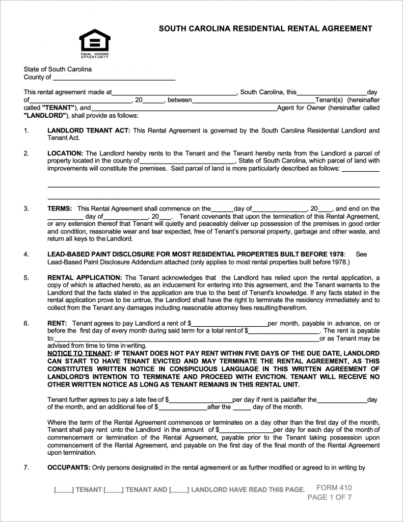 Free South Carolina Rental Lease Agreement Templates | PDF | WORD