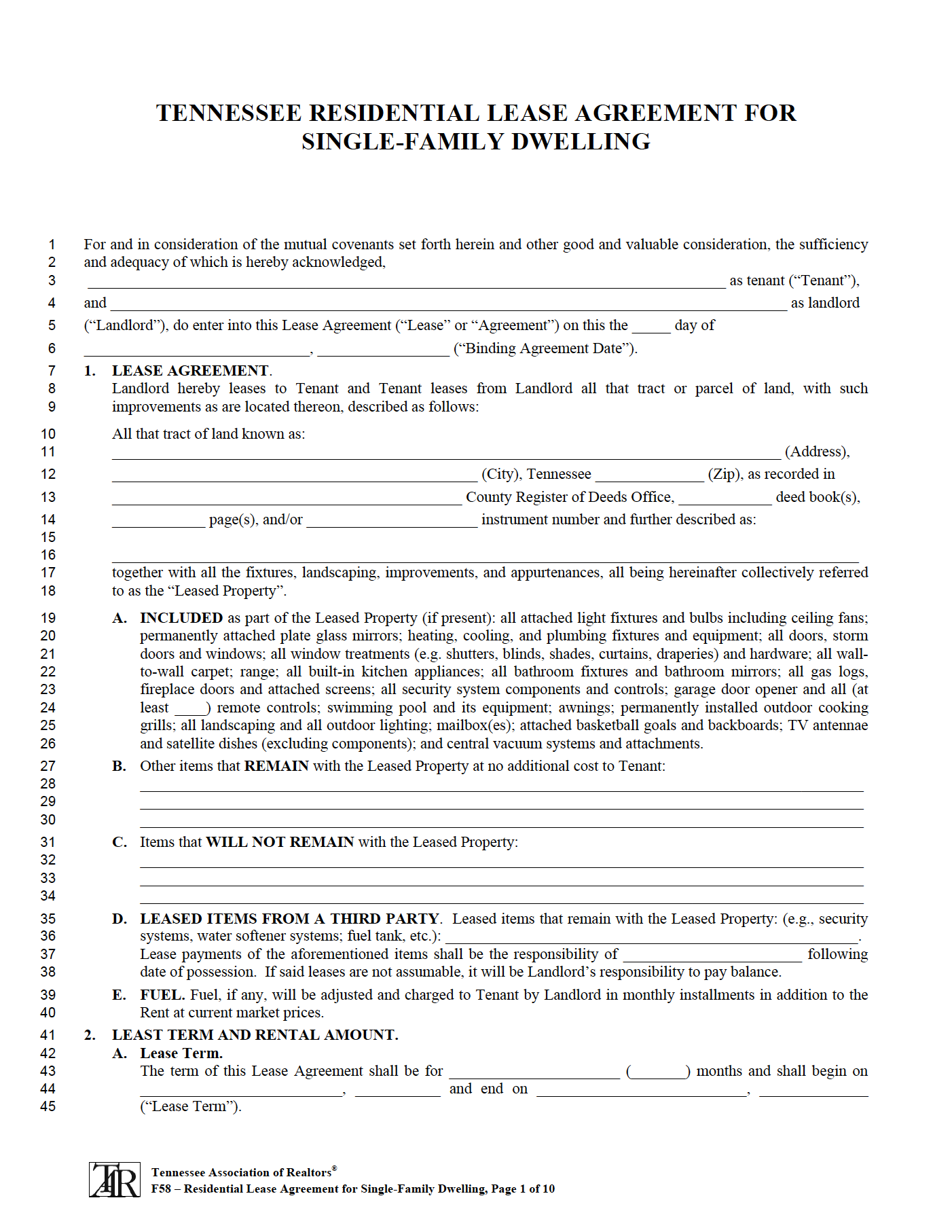 Free Tennessee Rental Lease Agreement Templates  PDF Regarding multiple tenant lease agreement template