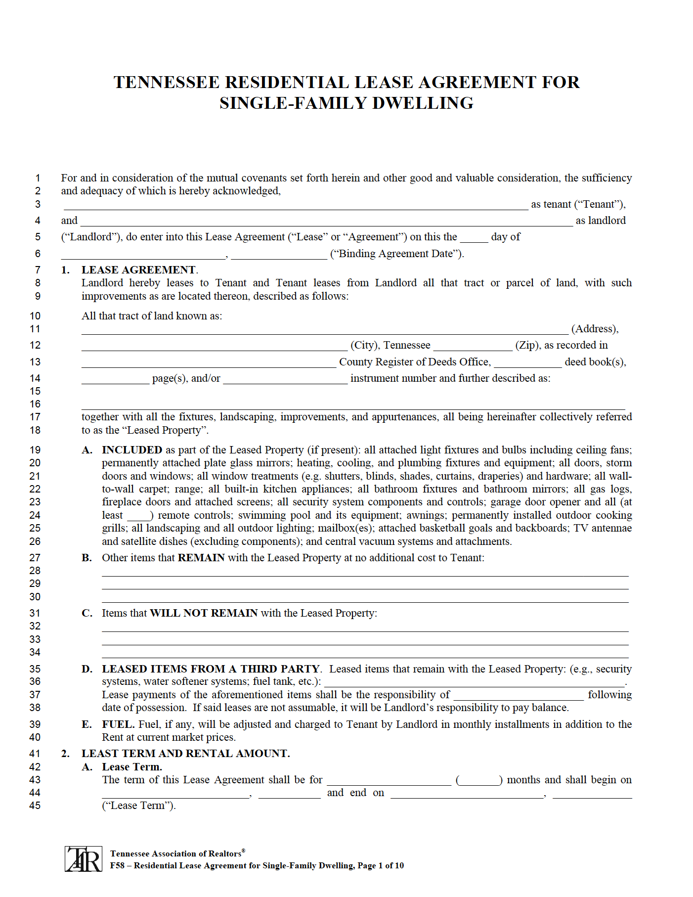 Lease Agreement Template Free Tn