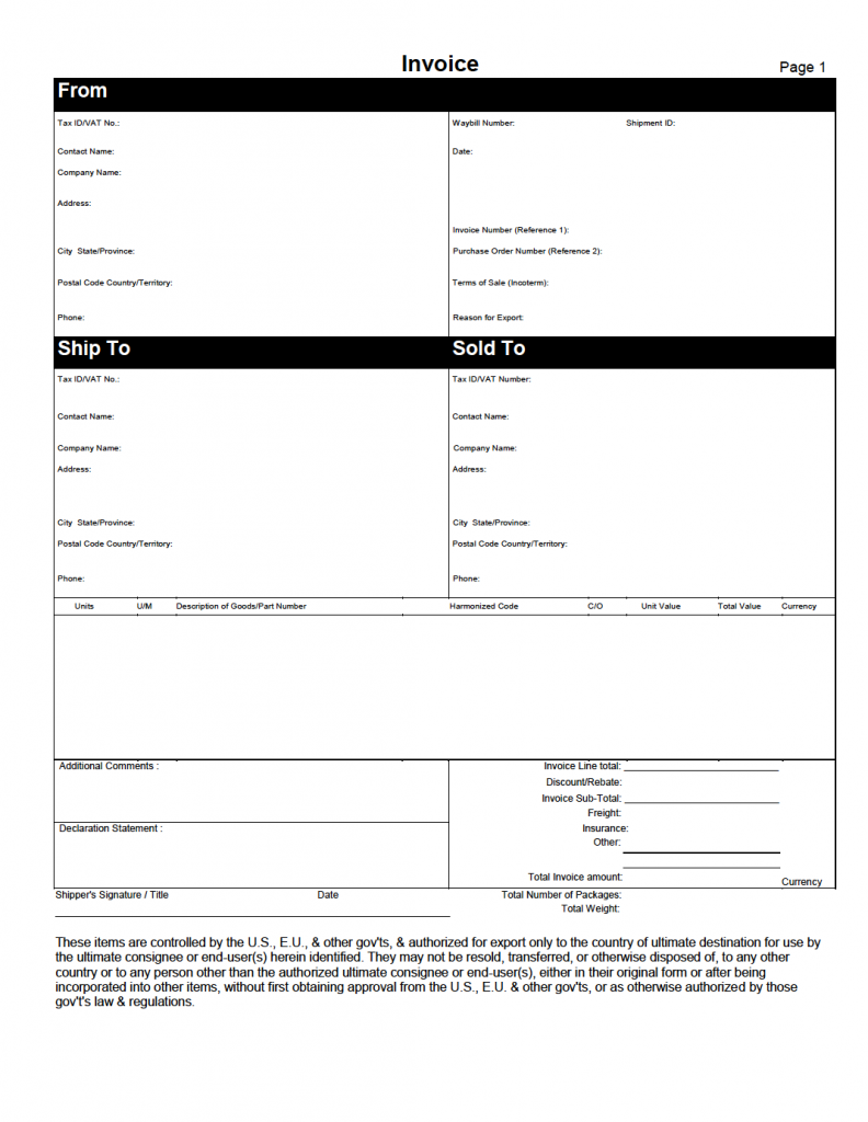 Printable Commercial Invoice