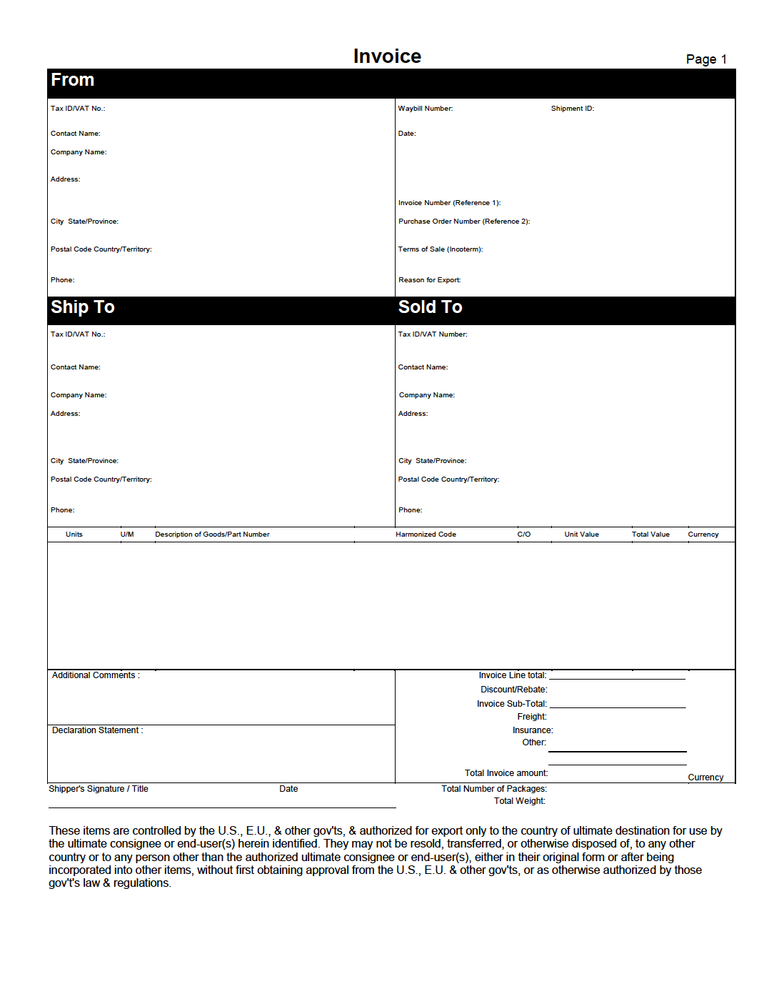 ups freight commercial invoice template