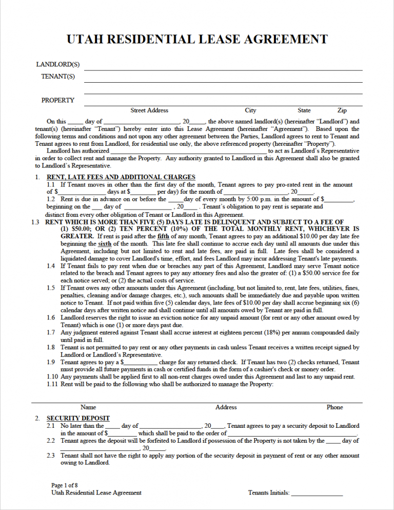 Free Utah Rental Lease Agreement Templates (6) PDF WORD