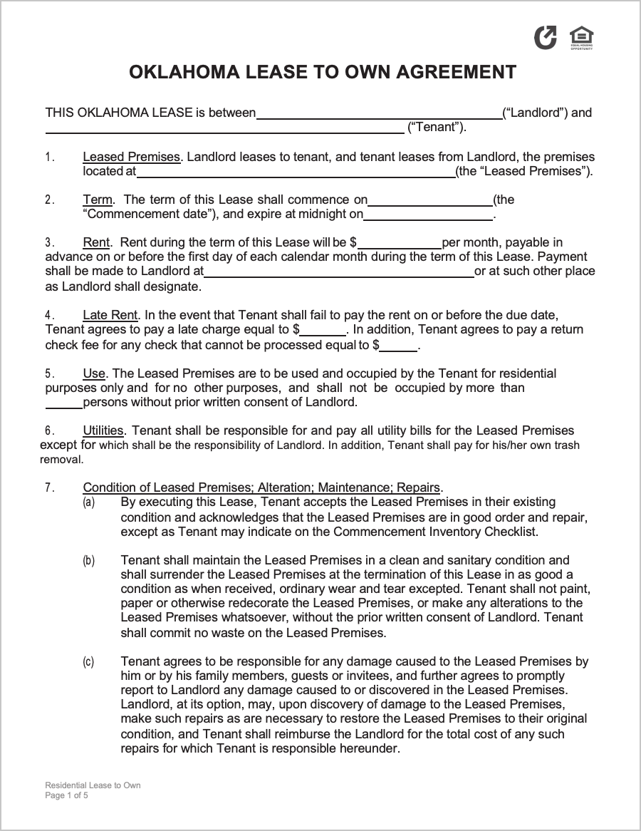 Free Oklahoma Lease to Own Agreement PDF WORD