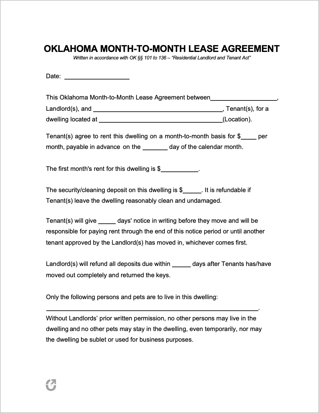 Free Oklahoma Month to Month Lease Agreement PDF WORD