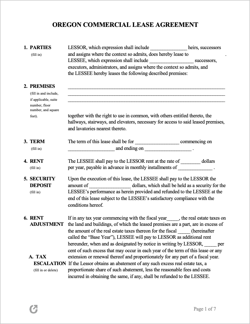Free Oregon Commercial Lease Agreement PDF WORD