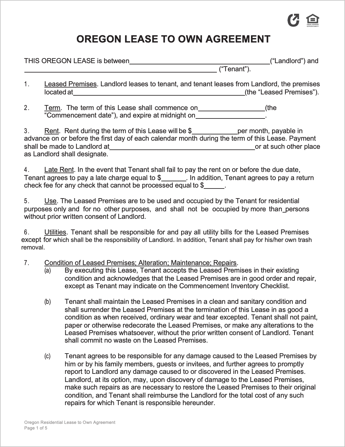Free Oregon Lease to Own Agreement PDF WORD