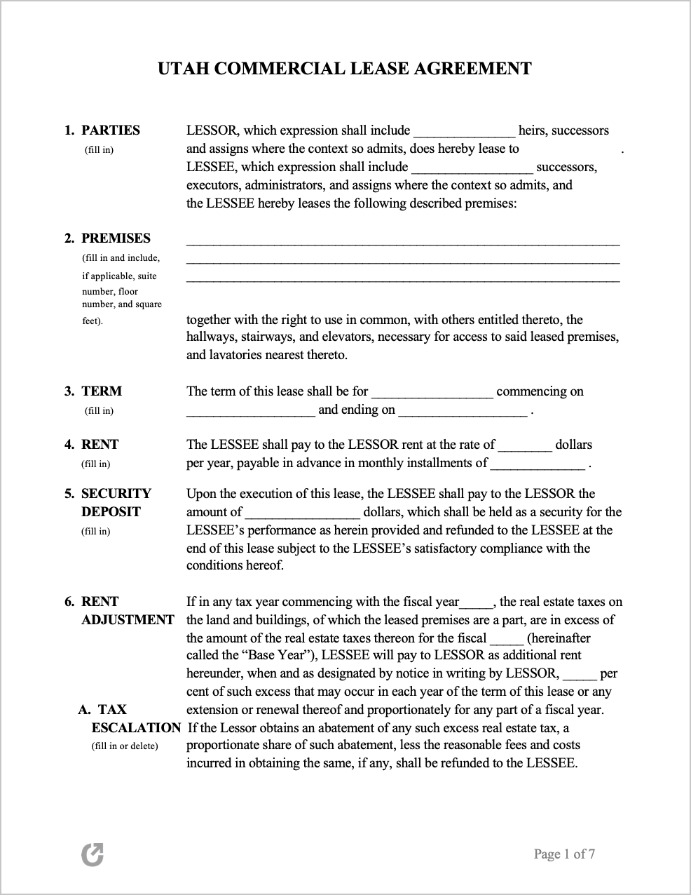 Free Utah Commercial Lease Agreement  PDF  WORD In Business Lease Agreement Template Free