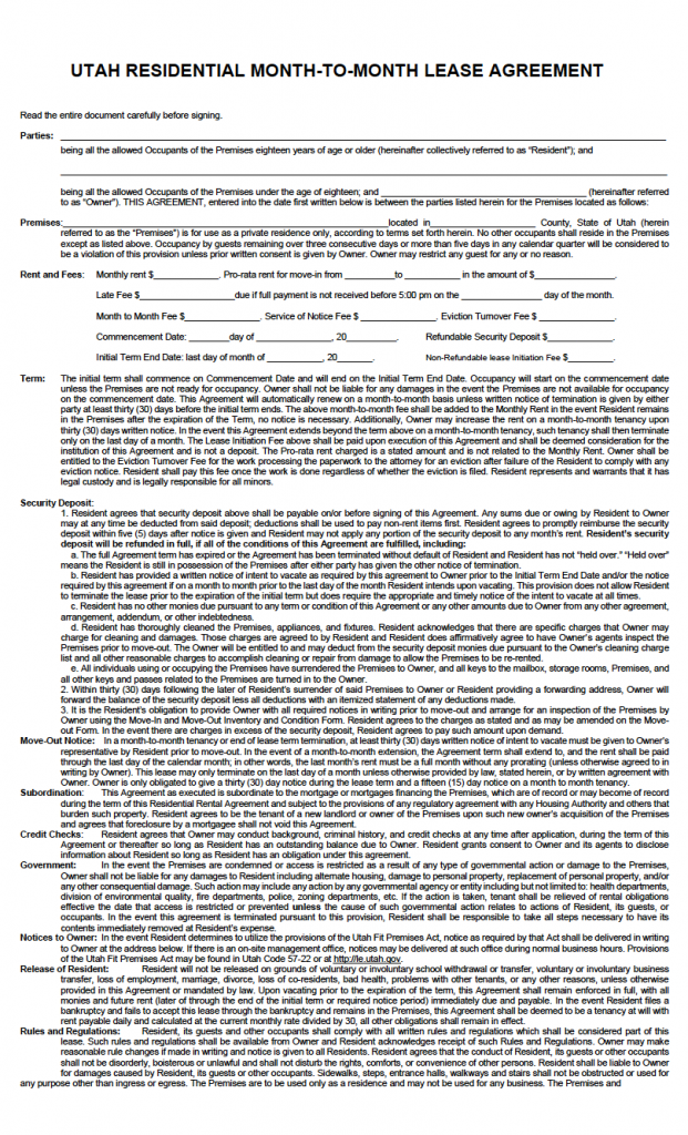 Free Utah Rental Lease Agreement Templates (6) PDF WORD