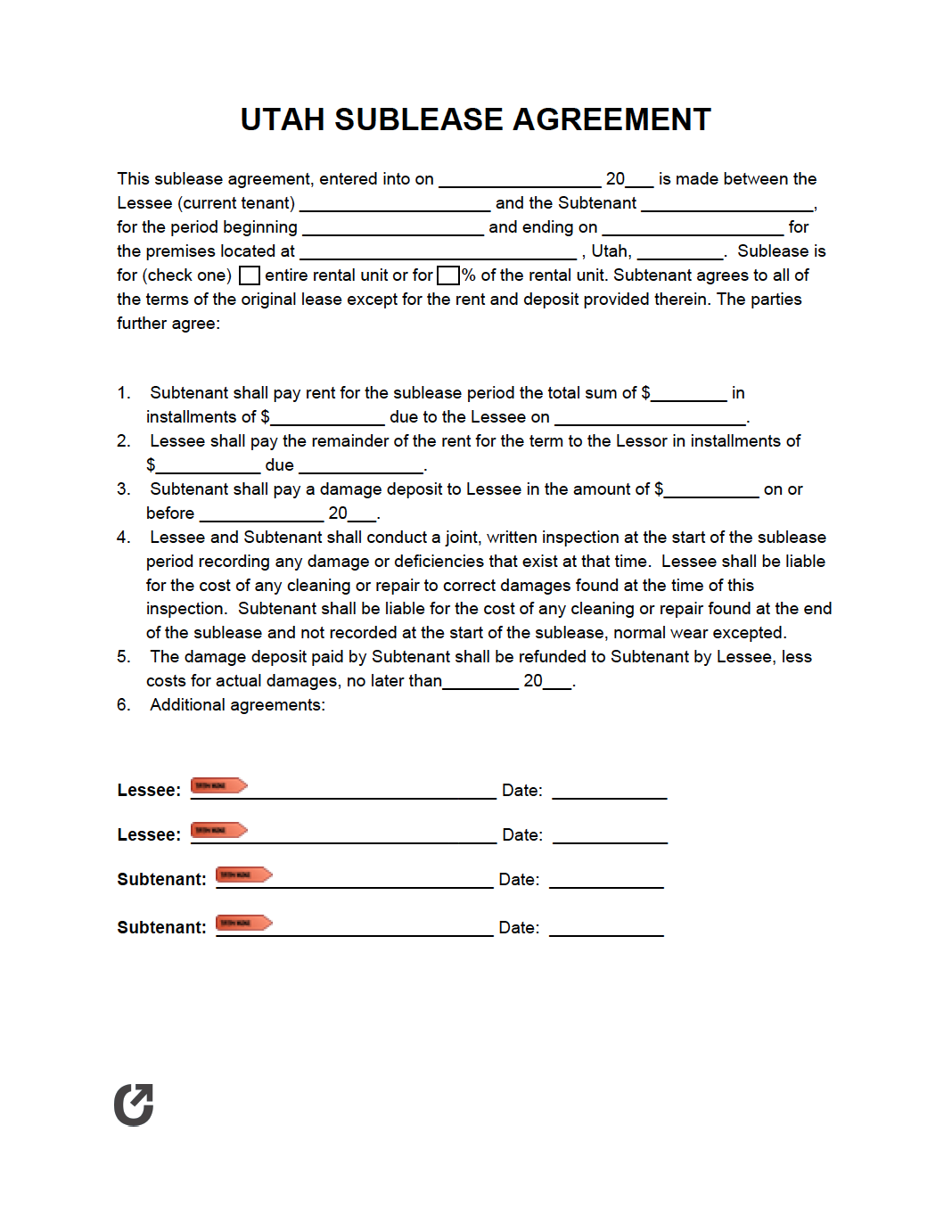 Free Utah Sublease Agreement PDF WORD