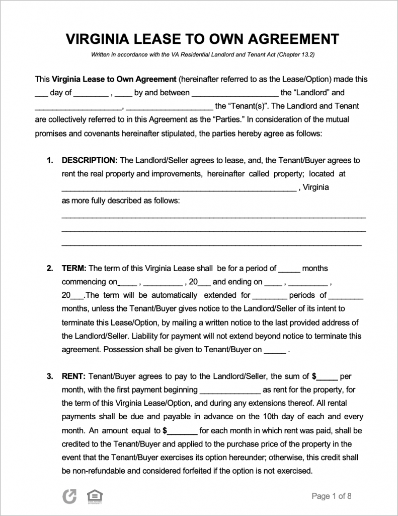 Free Virginia Rental Lease Agreement Templates PDF WORD