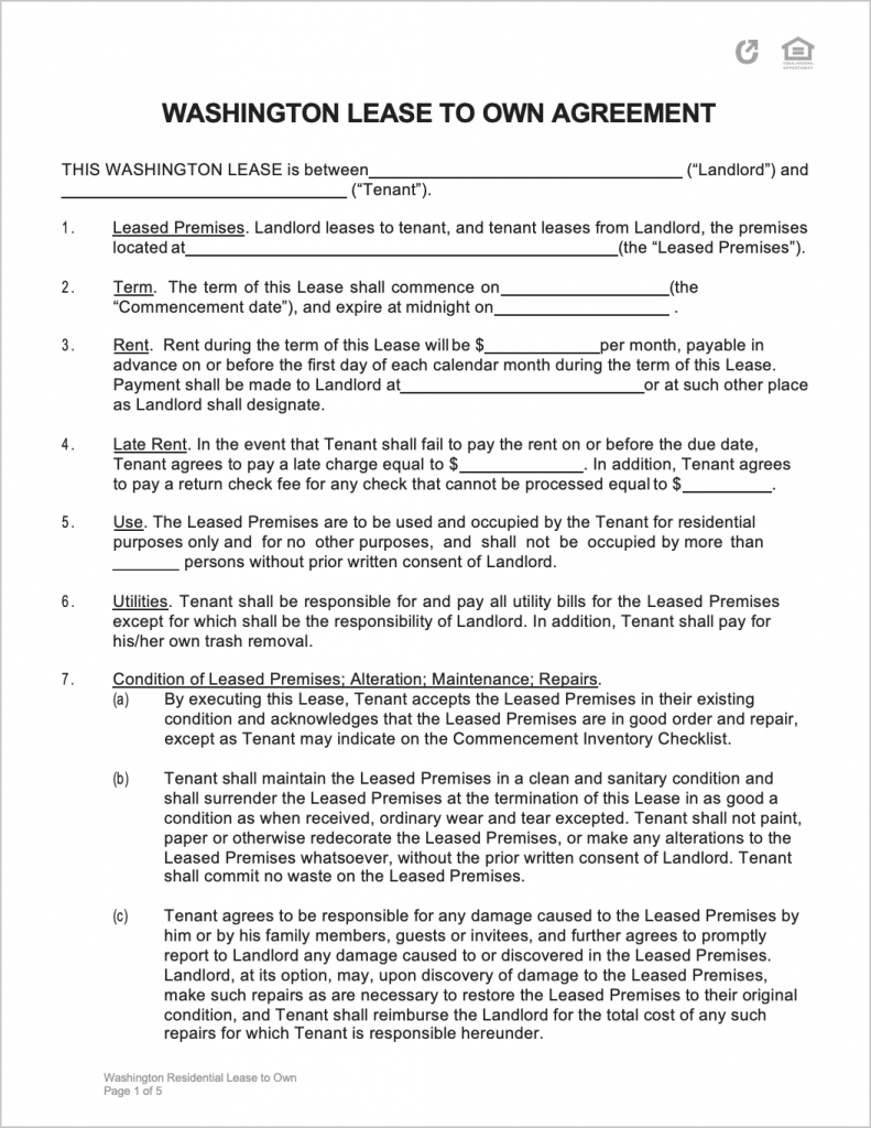 Free Washington Rental Lease Agreement Templates PDF WORD