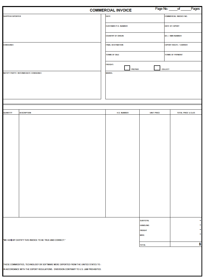 template for commercial invoice