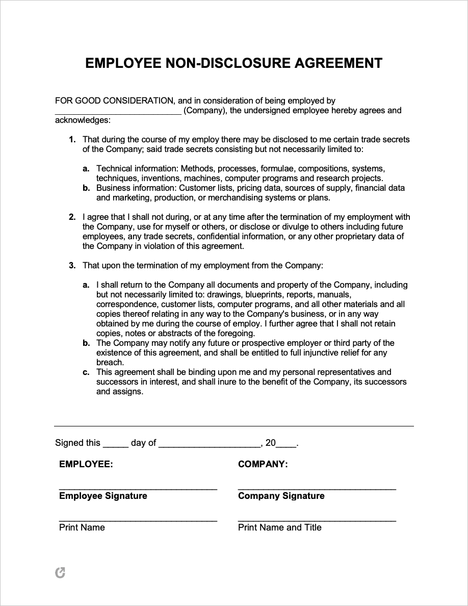 Free Employee Non-Disclosure Agreement Template  PDF  WORD  RTF With Regard To word employee confidentiality agreement templates
