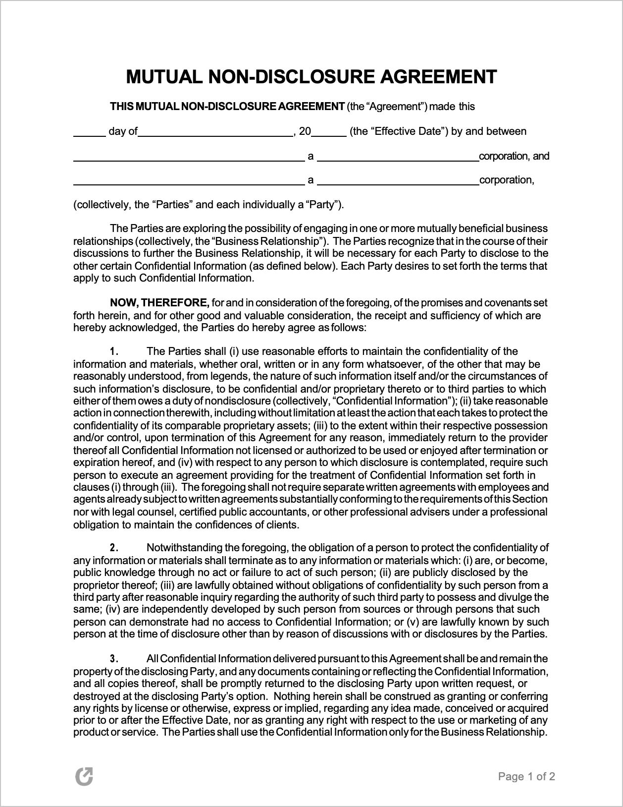 Free Mutual Non-Disclosure Agreement Template  PDF  WORD  RTF Intended For free mutual non disclosure agreement template