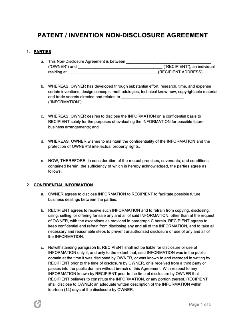 Free Patent Non-Disclosure Agreement Template  PDF  WORD  RTF Intended For non disclosure agreement template for research